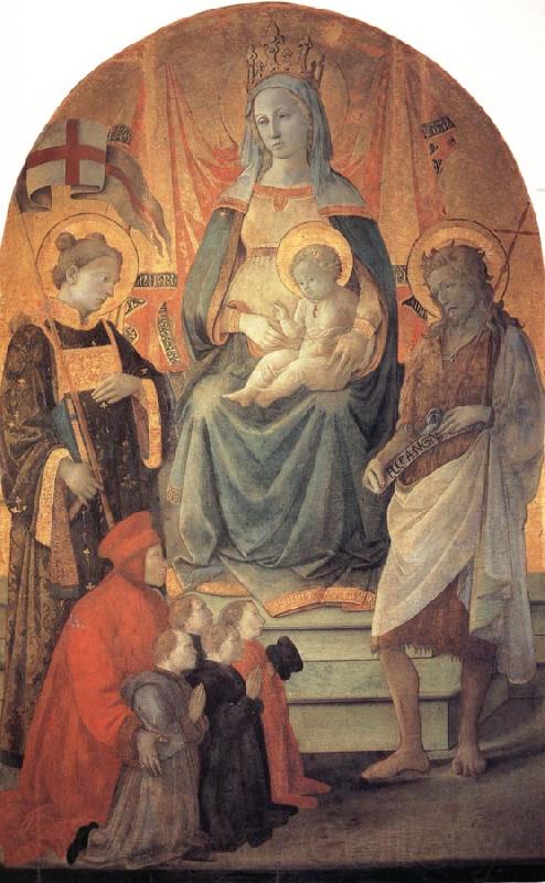 Fra Filippo Lippi The Madonna and Child Enthroned with Stephen,St John the Baptist,Francesco di Marco Datini and Four Buonomini of the Hospital of the Ceppo of Prato Spain oil painting art
